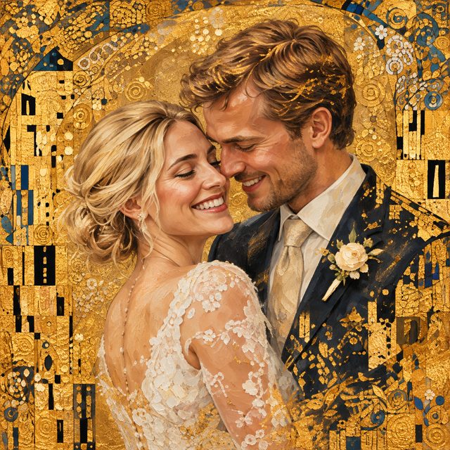 Goud en ornament: het bruidspaar omringd door gouden patronen en decoratieve vlakken.