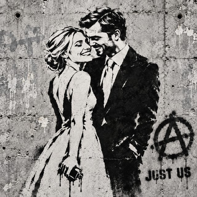 Het voorbeeldpaar als zwart-witstencil op een ruwe betonmuur, met de tekst Just us.